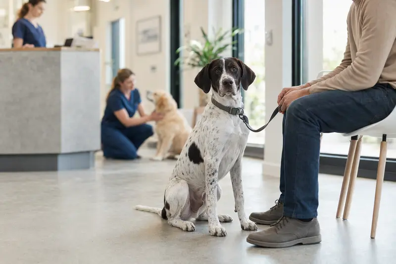 Ein Pointer Hund sitzt ruhig neben seinem Besitzer im hellen Wartezimmer einer modernen Tierarztpraxis.